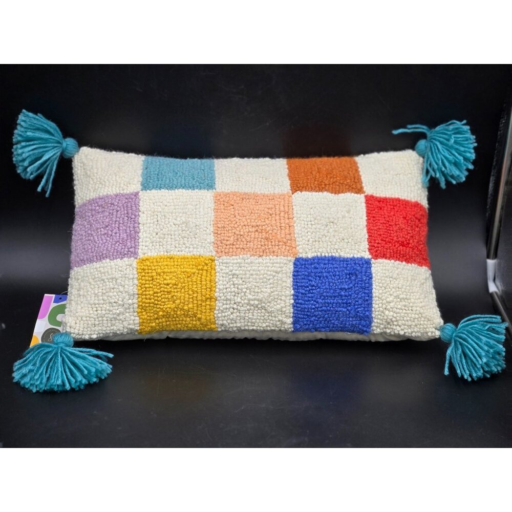 Colorful Boho  Checker Board Throw Pillow With Tassels 10"‎ X 17"
